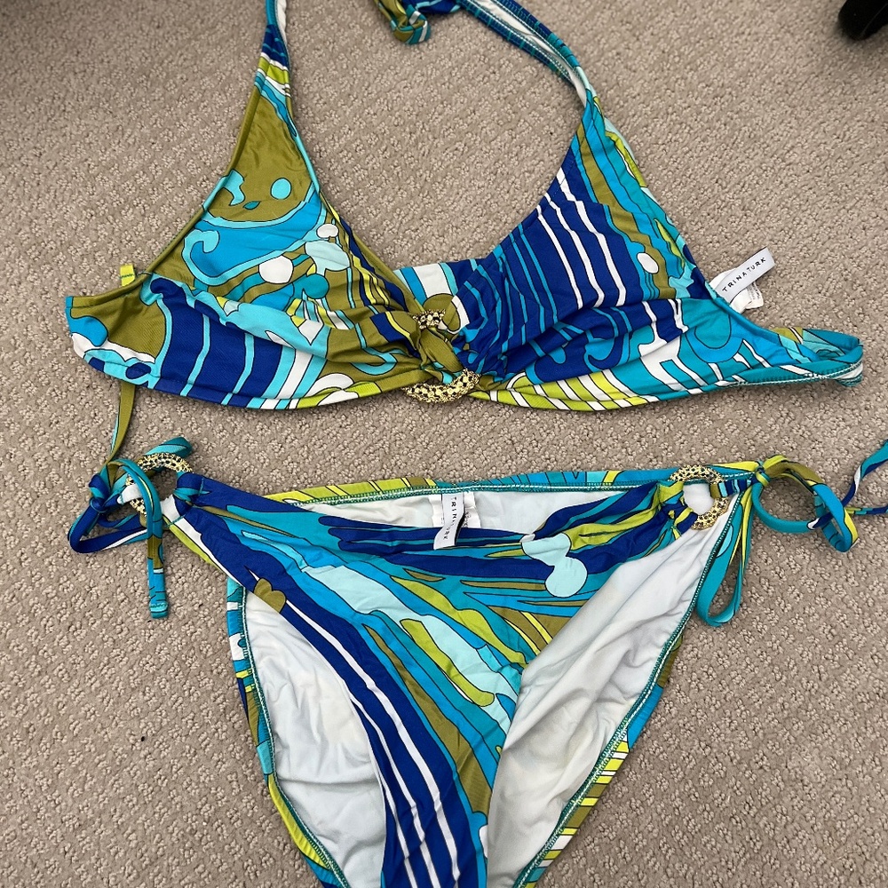 Trina Turk Bikini Set Multicolor Print Halter Top & Tie Side Bottoms Size 10/12